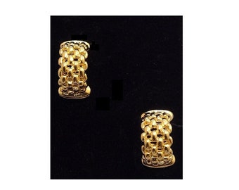 Windowpane Half Hoop Clip On Earrings Vintage Gold Tone Box Style Wide Band Chain Open Style Discs