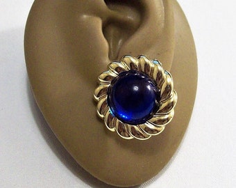 Blue Bead Ribbed Gold Pierced Earrings Discs