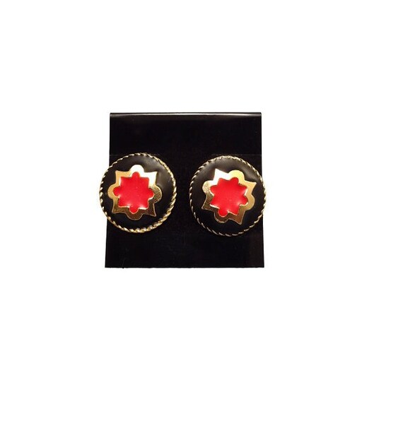Black Red Disc Pierced Post Earrings Vintage Gold… - image 1