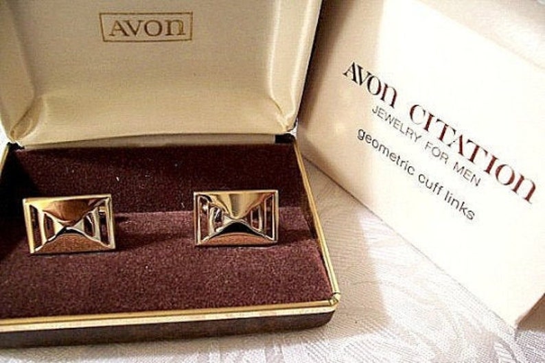 Avon Men Cuff Links Gold Tone Vintage Geometric Square Slotted Open Triangle Bevel Polished image 6