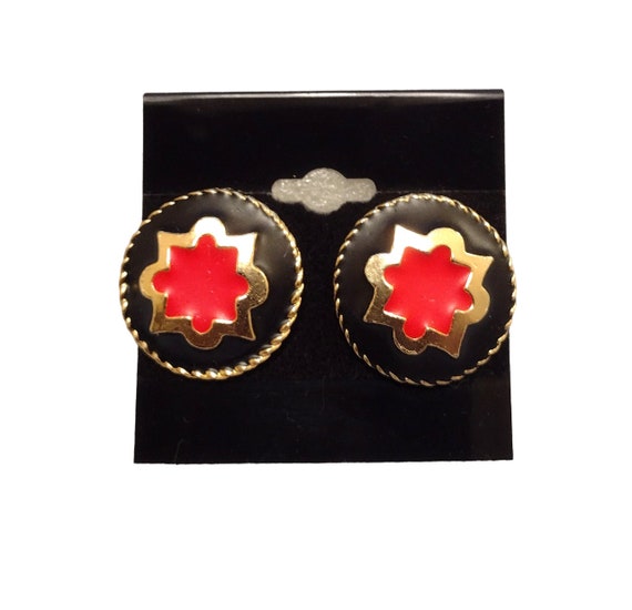 Black Red Disc Pierced Post Earrings Vintage Gold… - image 3