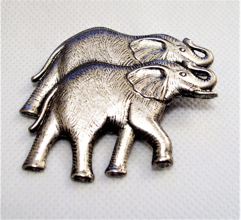 Elephant Family Pin Brooch Silver Tone Vintage Textured Black Accented Walking Adult Animals Trunks Raised