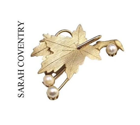 Sarah Coventry Pearl Leaf Pin Brooch Gold Tone Vi… - image 1