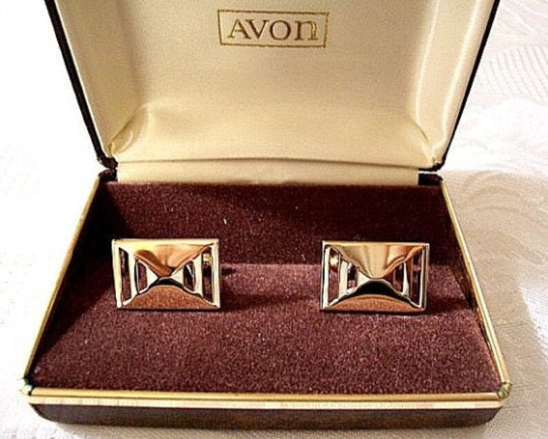 Avon Men Cuff Links Gold Tone Vintage Geometric Square Slotted Open Triangle Bevel Polished image 9