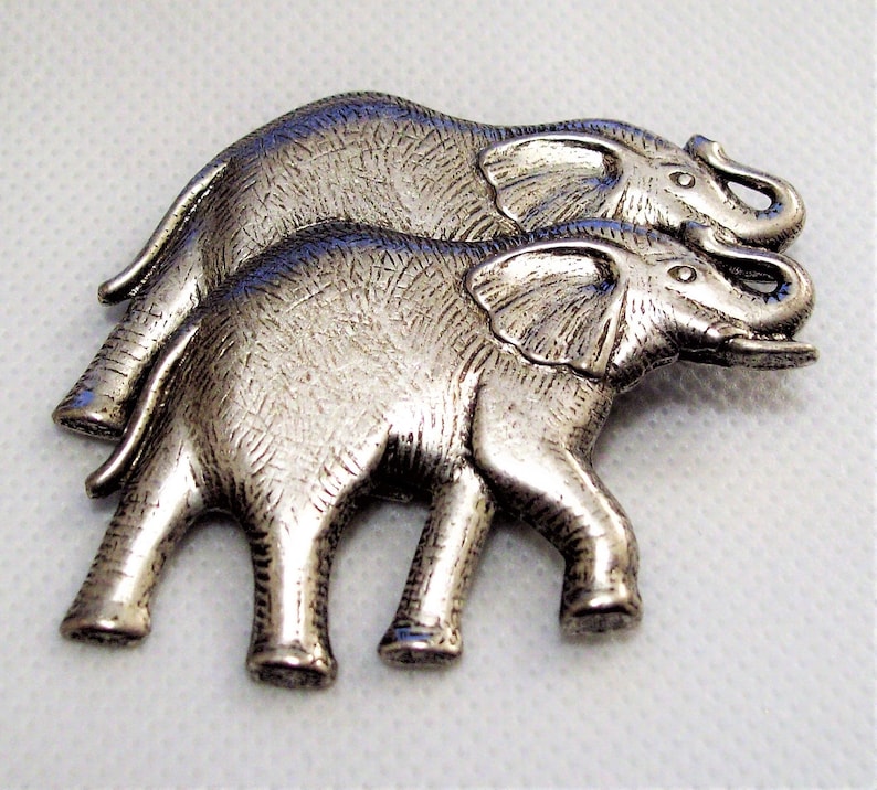 Elephant Family Pin Brooch Silver Tone Vintage Textured Black Accented Walking Adult Animals Trunks Raised