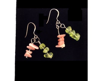 Pink Green Beads Pierced Wire Earrings Vintage Sterling Silver Signed 925 Dangle Earrings