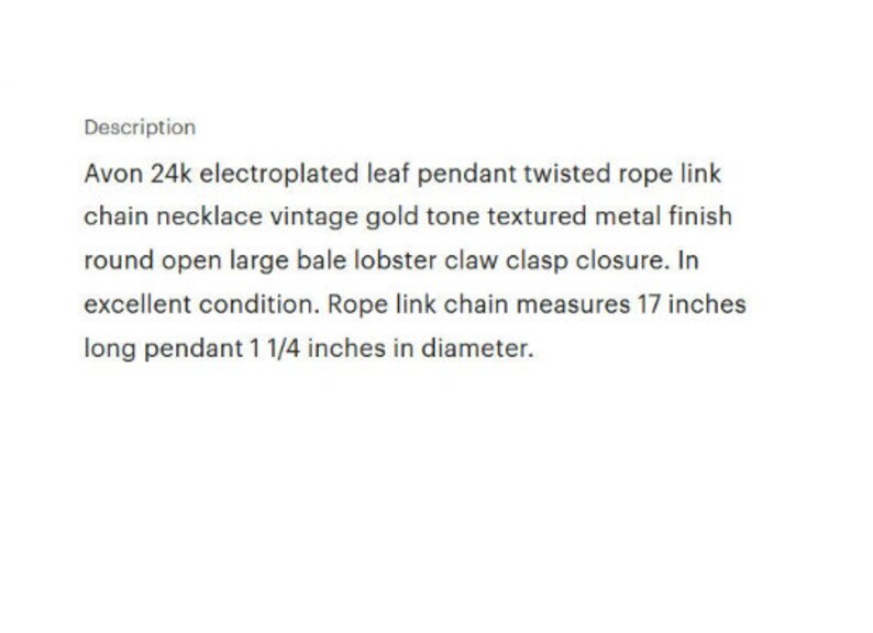 Avon 24k Leaf Pendant Necklace Gold Tone Vintage Electroplated Twisted Rope Link Chain Lobster Claw Clasp