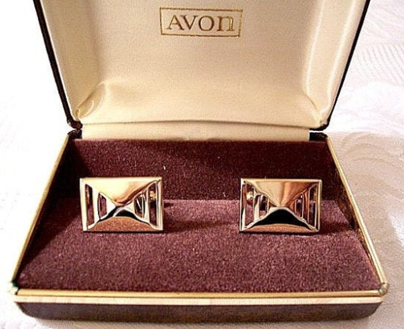 Avon Men Cuff Links Gold Tone Vintage Geometric Square Slotted Open Triangle Bevel Polished image 4