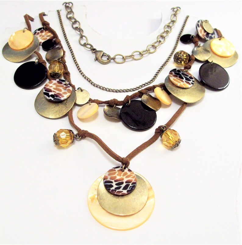 Shells Discs Beads Necklace Gold Tone Vintage Three Strand Suede Cord Adjustable Link Chain Brown Faceted Dangles Round Small Large Coins