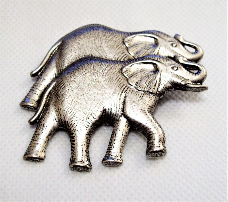 Elephant Family Pin Brooch Silver Tone Vintage Textured Black Accented Walking Adult Animals Trunks Raised