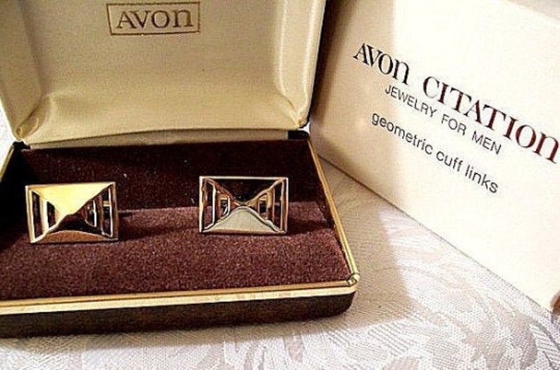 Avon Men Cuff Links Gold Tone Vintage Geometric Square Slotted Open Triangle Bevel Polished image 3