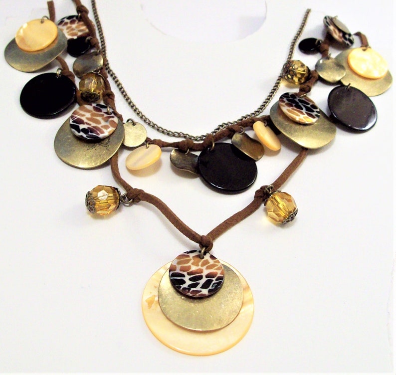 Shells Discs Beads Necklace Gold Tone Vintage Three Strand Suede Cord Adjustable Link Chain Brown Faceted Dangles Round Small Large Coins