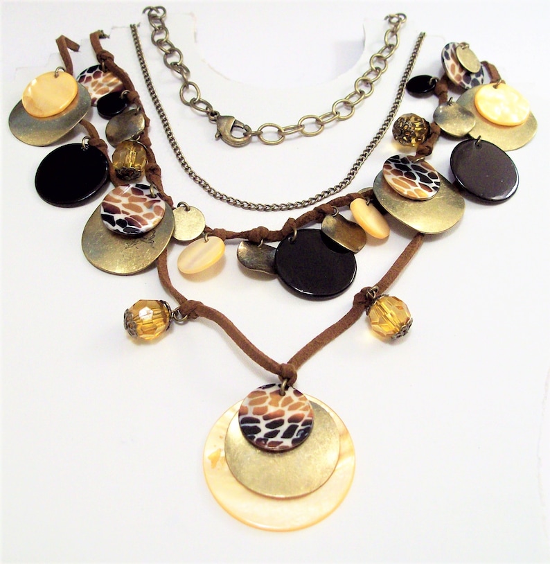 Shells Discs Beads Necklace Gold Tone Vintage Three Strand Suede Cord Adjustable Link Chain Brown Faceted Dangles Round Small Large Coins