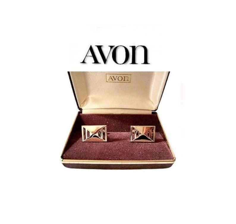 Avon Men Cuff Links Gold Tone Vintage Geometric Square Slotted Open Triangle Bevel Polished image 1