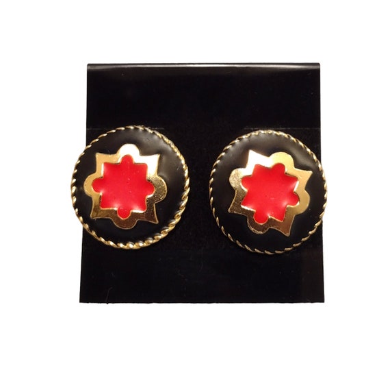 Black Red Disc Pierced Post Earrings Vintage Gold… - image 7