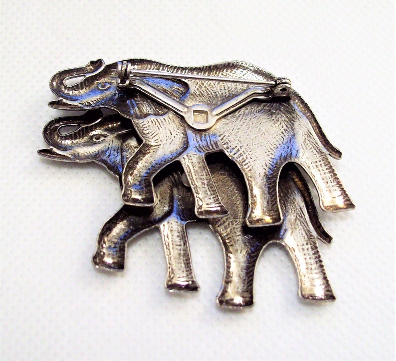 Elephant Family Pin Brooch Silver Tone Vintage Textured Black Accented Walking Adult Animals Trunks Raised