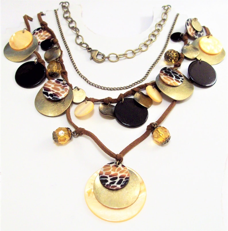 Shells Discs Beads Necklace Gold Tone Vintage Three Strand Suede Cord Adjustable Link Chain Brown Faceted Dangles Round Small Large Coins