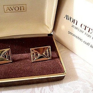 Avon Men Cuff Links Gold Tone Vintage Geometric Square Slotted Open Triangle Bevel Polished image 8