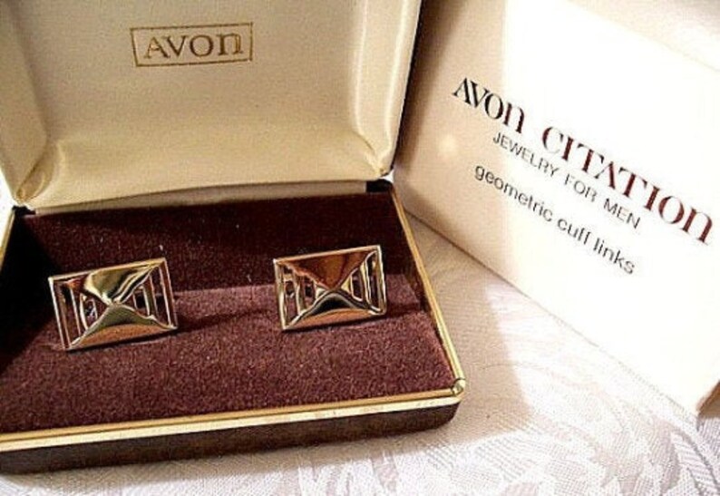 Avon Men Cuff Links Gold Tone Vintage Geometric Square Slotted Open Triangle Bevel Polished image 8