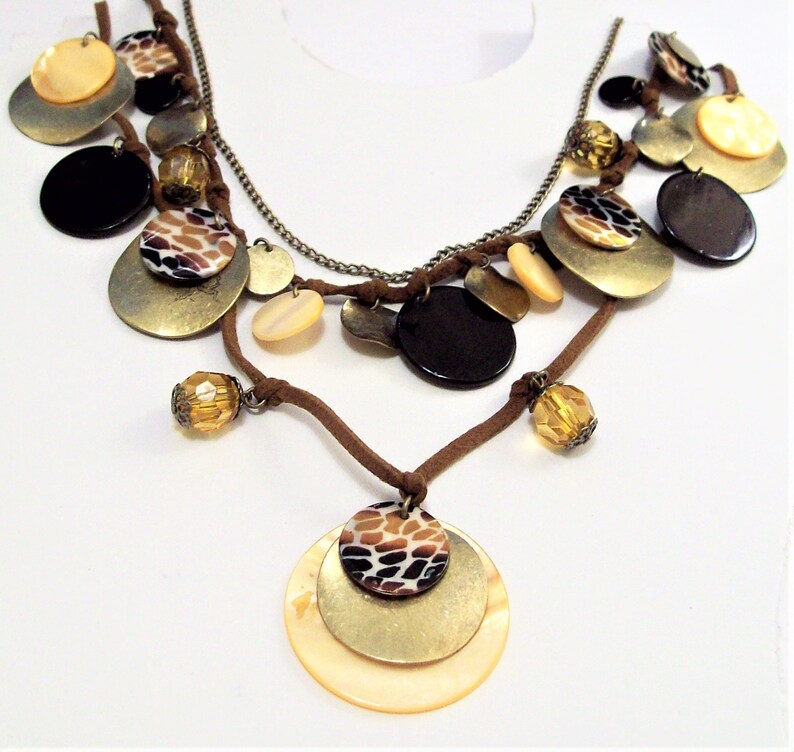 Shells Discs Beads Necklace Gold Tone Vintage Three Strand Suede Cord Adjustable Link Chain Brown Faceted Dangles Round Small Large Coins