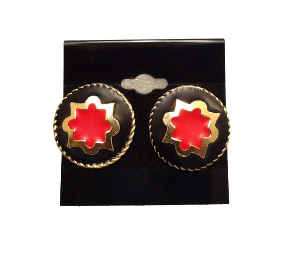 Black Red Disc Pierced Post Earrings Vintage Gold… - image 5