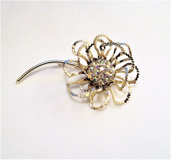 Sarah Coventry Crystal Crimped Flower Leaf Pin Br… - image 6