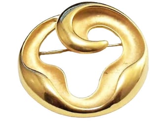 Modern Contemporary Swirl Wave Pin Brooch Gold Tone Vintage Satin Brush FO Signed Abstract Open Design