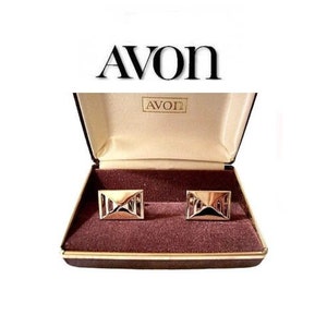 Avon Men Cuff Links Gold Tone Vintage Geometric Square Slotted Open Triangle Bevel Polished image 5