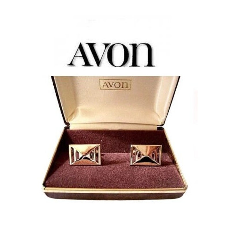 Avon Men Cuff Links Gold Tone Vintage Geometric Square Slotted Open Triangle Bevel Polished image 5