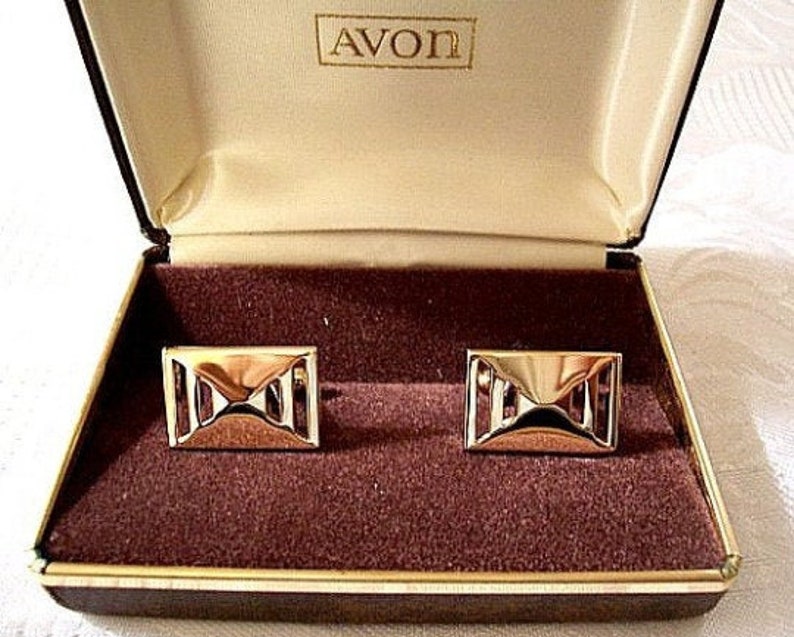 Avon Men Cuff Links Gold Tone Vintage Geometric Square Slotted Open Triangle Bevel Polished image 7