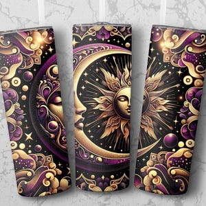 Celestial Sun and Moon Tumbler, Cosmic Art Travel Cup, Gold and Black Insulated Drinkware, Unique Astrological Gift Idea