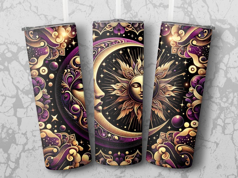Celestial Sun and Moon Tumbler, Cosmic Art Travel Cup, Gold and Black Insulated Drinkware, Unique Astrological Gift Idea