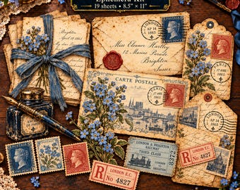 May include: A Forgotten Postcards Ephemera Kit containing 19 sheets measuring 8.5 inches by 11 inches. The collection features vintage-style envelopes, postcards, tags, and stamps with blue forget-me-not floral motifs, cursive script, and London and Paris postmarks.