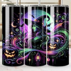Puede incluir: Vaso negro con un diseño de Halloween. La ilustración presenta una bruja, murciélagos, una luna llena y calabazas de Halloween en colores neón. El diseño está sobre un fondo negro, creando un contraste llamativo.