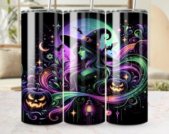 Może przedstawiać: Czarny kubek z motywem Halloween. Grafika przedstawia sylwetkę wiedźmy, nietoperze, pełnię księżyca i dynie w neonowych kolorach. Projekt umieszczono na czarnym tle, tworząc uderzający kontrast.