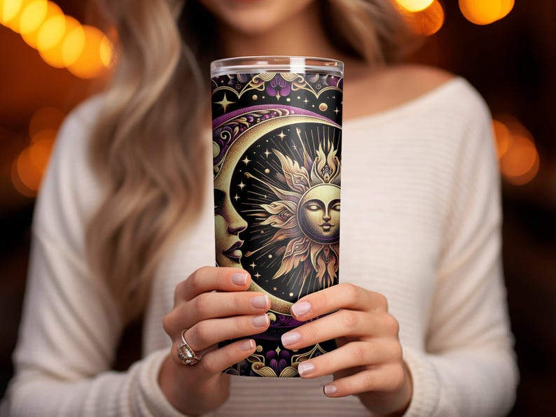 Celestial Sun and Moon Tumbler, Insulated Travel Cup, Artistic Drinkware, Unique Gift Idea