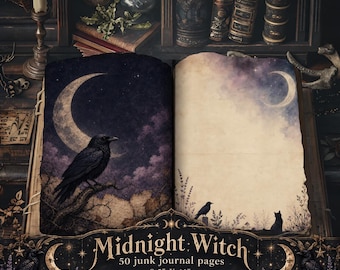 May include: An open journal featuring 50 pages measuring 8.5 inches by 11 inches. The left page displays a black raven perched on a branch under a crescent moon and purple clouds. The right page shows a cream background with a moon and silhouettes.
