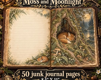 May include: An open journal titled Moss and Moonlight featuring 50 junk journal pages measuring 8.5 inches by 11 inches. The left page is lined with fern illustrations, while the right page depicts a fox sleeping in a tree hollow.