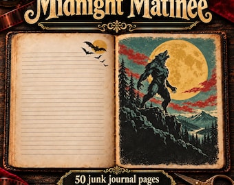 May include: An open journal with 50 pages measuring 8.5 inches by 11 inches. The left page is lined with small bat silhouettes. The right page features a werewolf howling at a full moon over a forest. Text reads Midnight Matinee.