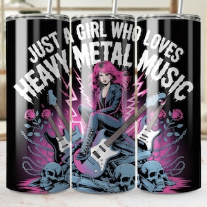 Just a Girl Who Loves Heavy Metal Tumbler Wrap/Roze en zwarte rockband Skull Roses 20oz skinny cup-ontwerp