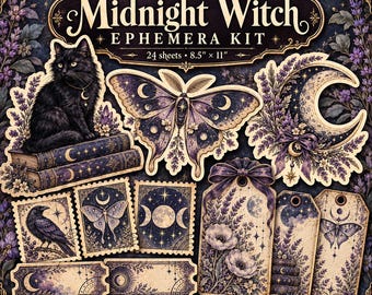 May include: Midnight Witch Ephemera Kit with 24 sheets measuring 8.5 inches by 11 inches. The collection features a black cat on books, a moth, a crescent moon, a raven, and floral tags in shades of purple, navy, and cream.