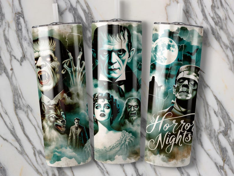 Horror Nights Themed Tumblers, Classic Movie Monsters, Stainless Steel Insulated Drinkware Set
