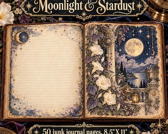 Puede incluir: Un diario abierto titulado Moonlight & Stardust con 50 páginas de scrapbooking que miden 21,6 cm por 27,9 cm. La página izquierda está rayada con motivos celestiales, mientras que la derecha muestra un paisaje nocturno con luna llena, flores blancas y arquitectura de piedra.