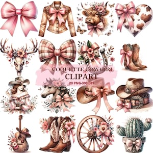 Könnte beinhalten: Ein Set mit 20 digitalen Clipart-Bildern mit Cowgirl-Thema. Die Bilder beinhalten eine Kuh, einen Cowboyhut, Stiefel, ein Wagenrad, eine Gitarre, einen Schädel, eine Schleife und Blumenarrangements. Die Bilder sind im Aquarellstil gehalten und perfekt für Bastelprojekte, Scrapbooking und digitales Design.
