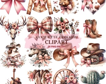 Paquete de imágenes prediseñadas de vaquera coqueta, 20 imágenes PNG, 300 DPI, gráficos del oeste, rodeo femenino, lazos rosas, detalles florales, arte de vaca de las Highlands