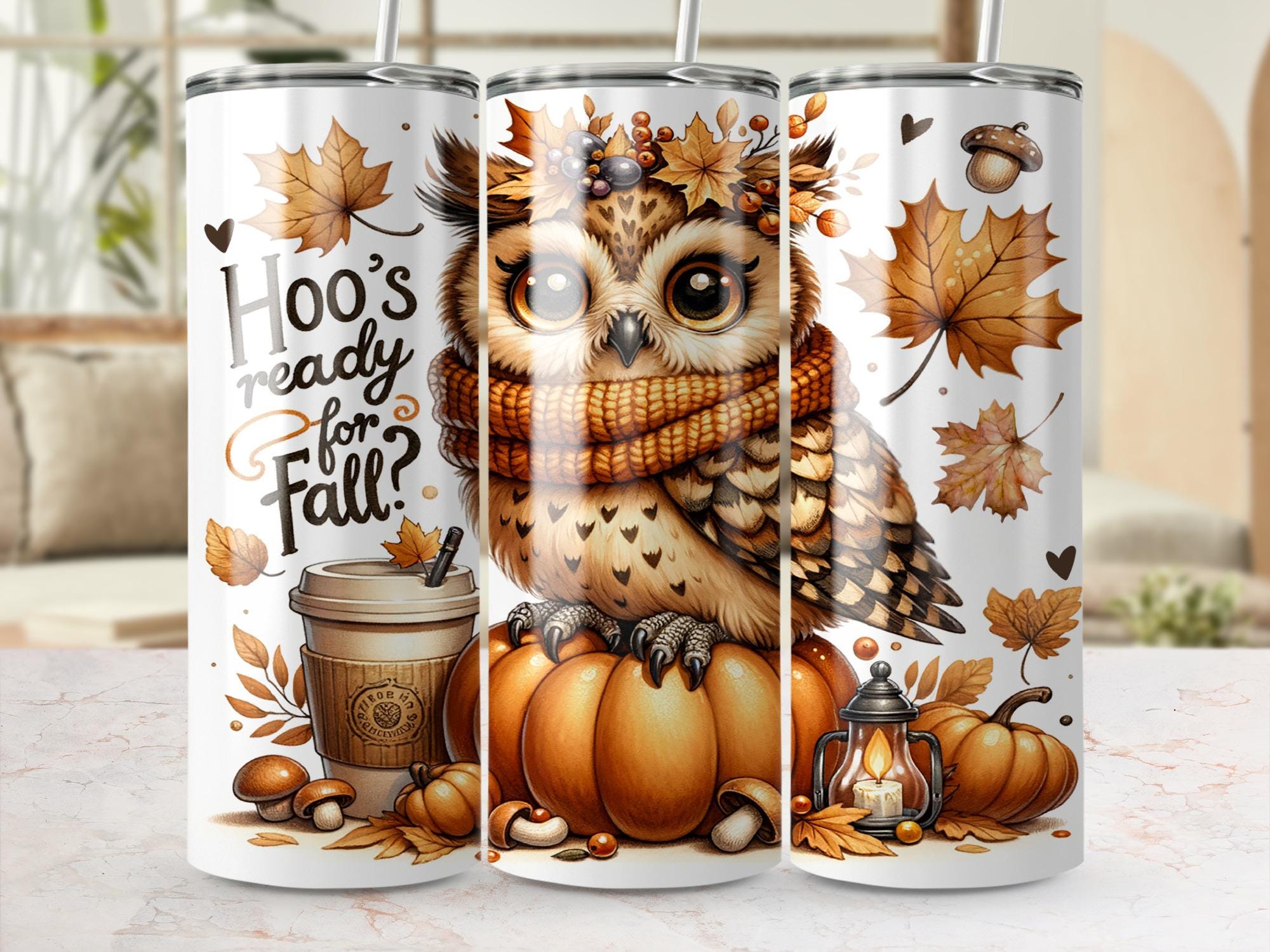 Cute Fall Owl with Pumpkin and Coffee | Autumn Owl Illustration with Leaves and Acorns | Cozy Woodla