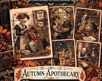 May include: A collection of printable junk journal pages titled Autumn Apothecary by Kim's Gilded Paper Co. The images feature skeletons in autumn settings, including floral arrangements, tea parties, potion brewing, and forest scenes with animals.
