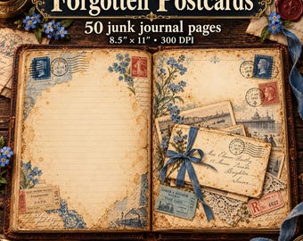 May include: An open junk journal featuring 50 pages measuring 8.5 inches by 11 inches. The pages display vintage-style illustrations of blue forget-me-not flowers, postage stamps, handwritten script, and envelopes tied with a blue ribbon.