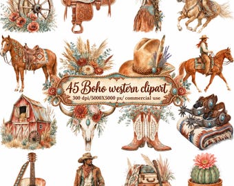 May include: A collection of western-themed digital illustrations featuring a wagon wheel, saddle, cowboy hats, horses, a barn, a skull, boots, spurs, a guitar, a cactus, and luggage. The central text reads 45 Boho western clipart 300 dpi/5000X5000 px/ commercial use.