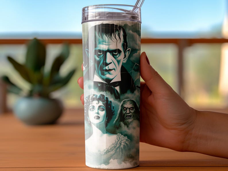 Classic Horror Movie Tumbler, Frankenstein, Dracula, Wolfman Insulated Travel Cup